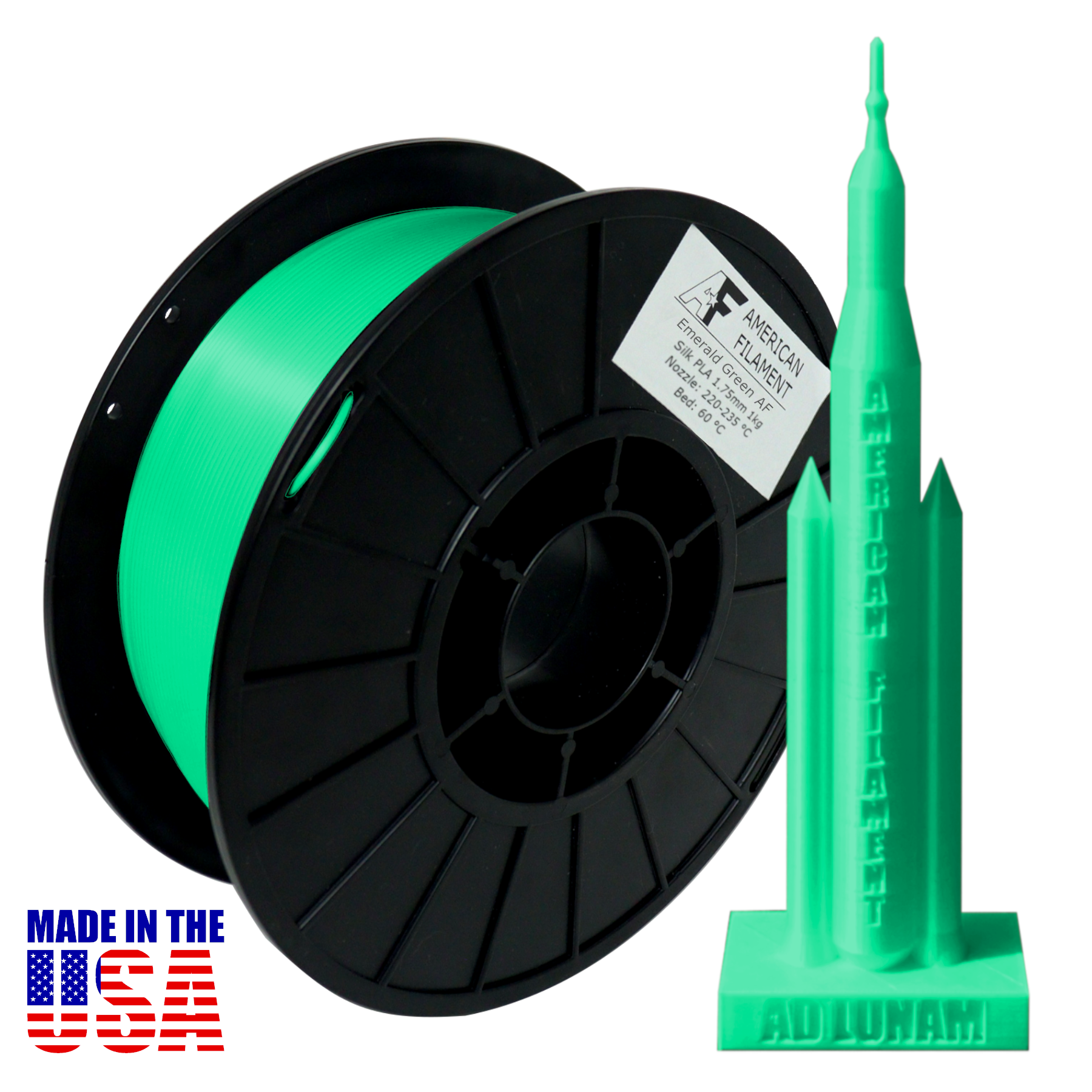 Emerald Green AF Silk PLA 3D Printer Filament, 1.75 mm Diameter, 1 kg Spool